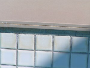 Showing telltale efflorescence on tile grout indicating water passing out from pool shell.